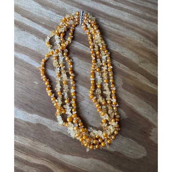 Sterling Triple Strand 18" Necklace With Golden Pearls Quartz Beads - Picture 3 of 5